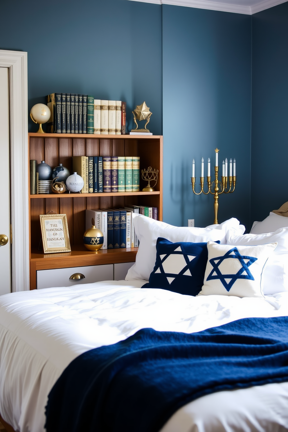 A cozy bedroom adorned with Hanukkah decorations. On a wooden bookshelf, a collection of beautifully bound books about Hanukkah is displayed alongside decorative dreidels and menorahs. The walls are painted in soft blue tones that evoke a peaceful ambiance. A plush bed is dressed in white linens with a navy blue throw blanket, and festive accents like Star of David pillows add a touch of holiday spirit.