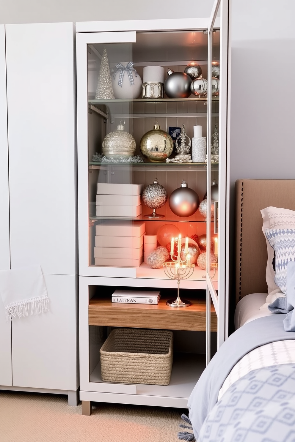 Stylish storage for holiday decorations. A sleek, modern cabinet with glass doors showcases neatly organized holiday ornaments and decorations, while a cozy throw blanket is draped over the side for added warmth. Bedroom Hanukkah decorating ideas. Soft blue and silver accents adorn the bedding, complemented by a beautifully lit menorah on the nightstand, creating a serene and festive atmosphere.