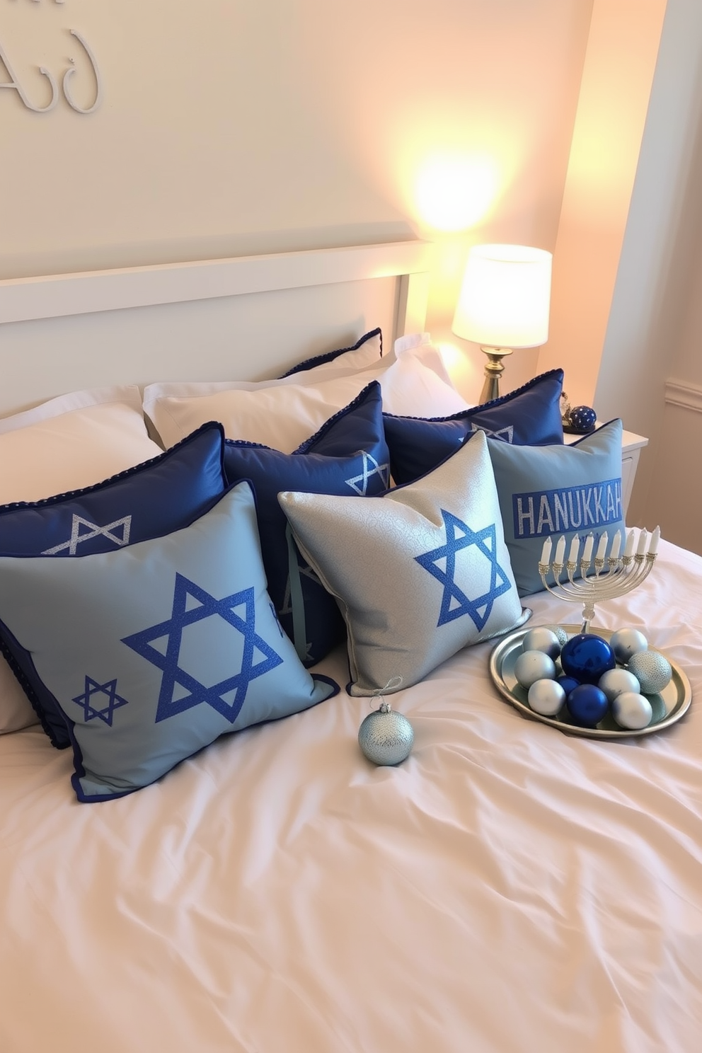 A cozy bedroom adorned with Hanukkah themed throw pillows in shades of blue and silver. The pillows feature Star of David patterns and menorah designs, adding a festive touch to the white bedding. Soft, warm lighting creates an inviting atmosphere, highlighting the decorations. A small table beside the bed displays a decorative menorah, surrounded by blue and silver ornaments.