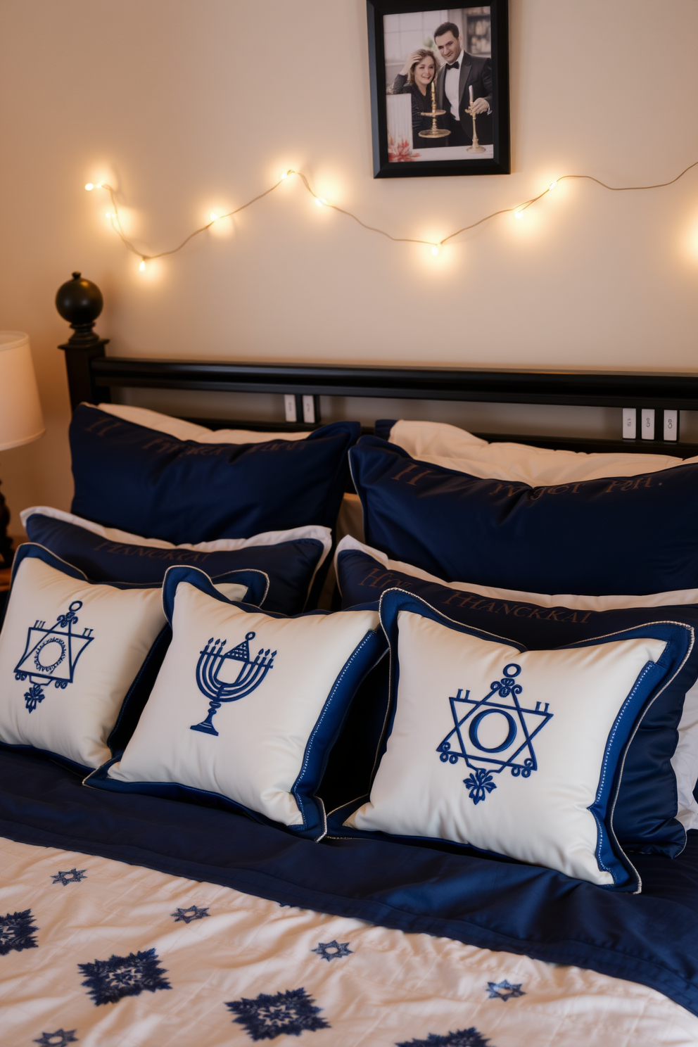 A cozy bedroom adorned with traditional Hanukkah symbols on decorative pillows. The bedding features rich blue and white tones, while the pillows showcase menorahs and dreidels in intricate embroidery. Soft, warm lighting creates a welcoming atmosphere, with string lights draped across the headboard. A small table on the side holds a decorative menorah, enhancing the festive spirit of the room.