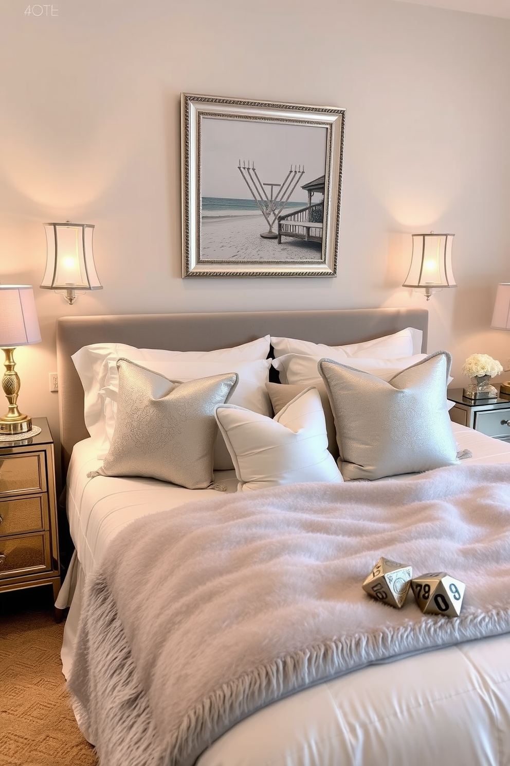 A serene bedroom setting adorned with gold and silver accent decor pieces. The bed is dressed in luxurious linens, complemented by shimmering throw pillows and a plush silver blanket. On the bedside tables, elegant gold lamps provide a warm glow, while a silver-framed artwork hangs above the headboard. Subtle Hanukkah decorations, like a beautifully arranged menorah and decorative dreidels, add a festive touch to the overall ambiance.