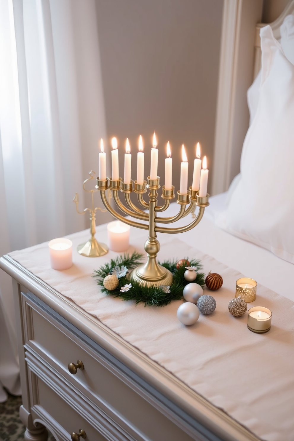 A festive menorah centerpiece is elegantly positioned on a nightstand adorned with a soft linen runner. The nightstand is complemented by cozy candles and small decorative ornaments that reflect the spirit of Hanukkah.