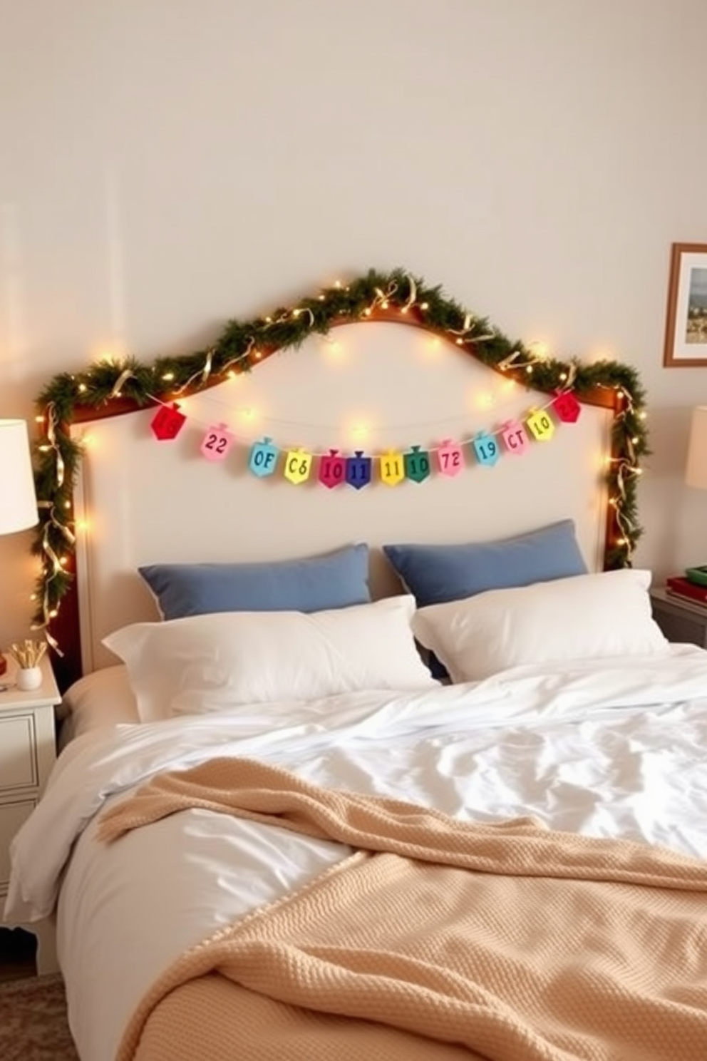 A festive bedroom adorned with a DIY dreidel garland draped elegantly across the headboard. The garland features colorful dreidels made from paper, adding a playful touch to the cozy atmosphere.