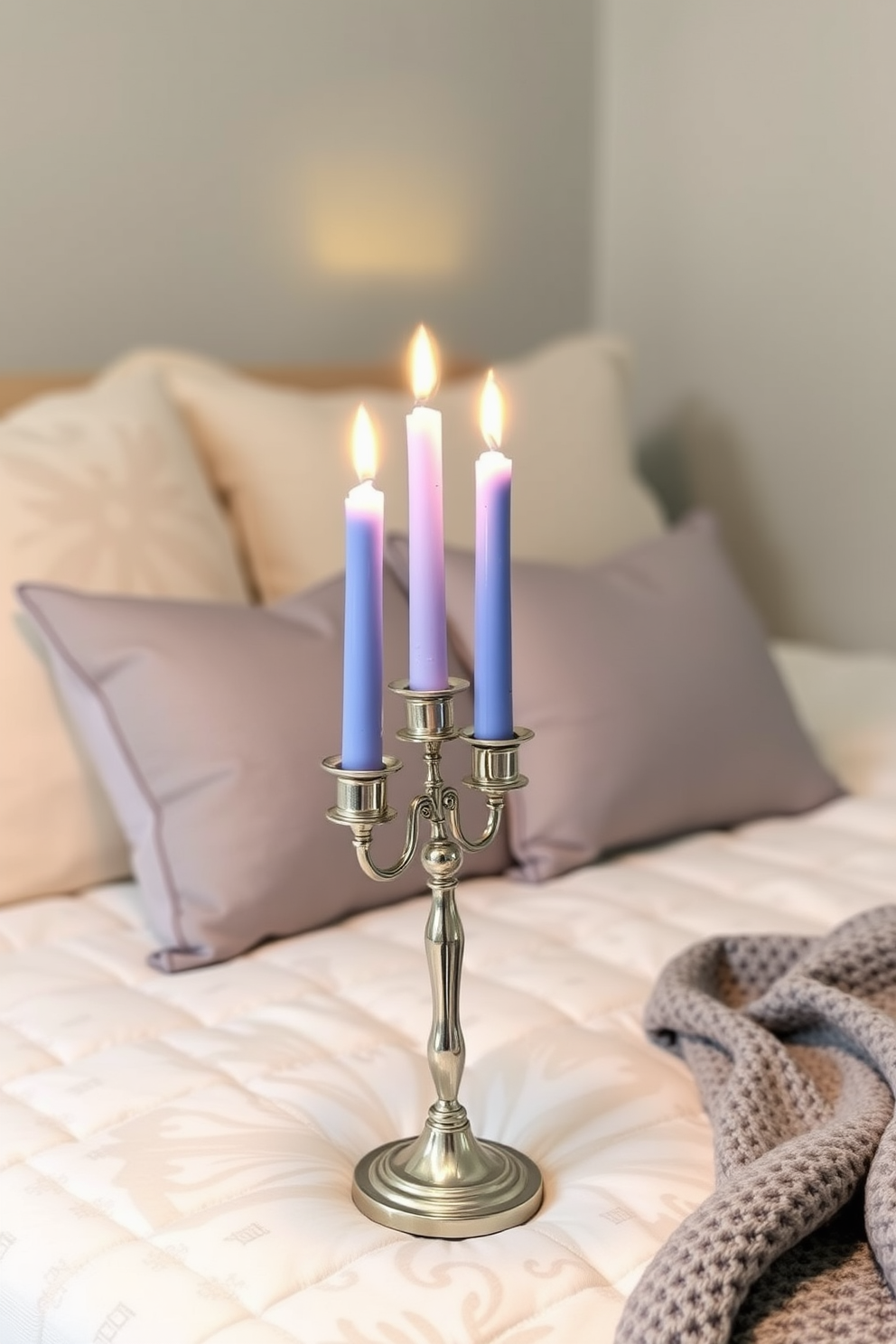 Elegant candle holders with blue candles create a serene atmosphere in the bedroom. The soft glow of the candles complements the cozy bedding and adds a touch of festive charm for Hanukkah.