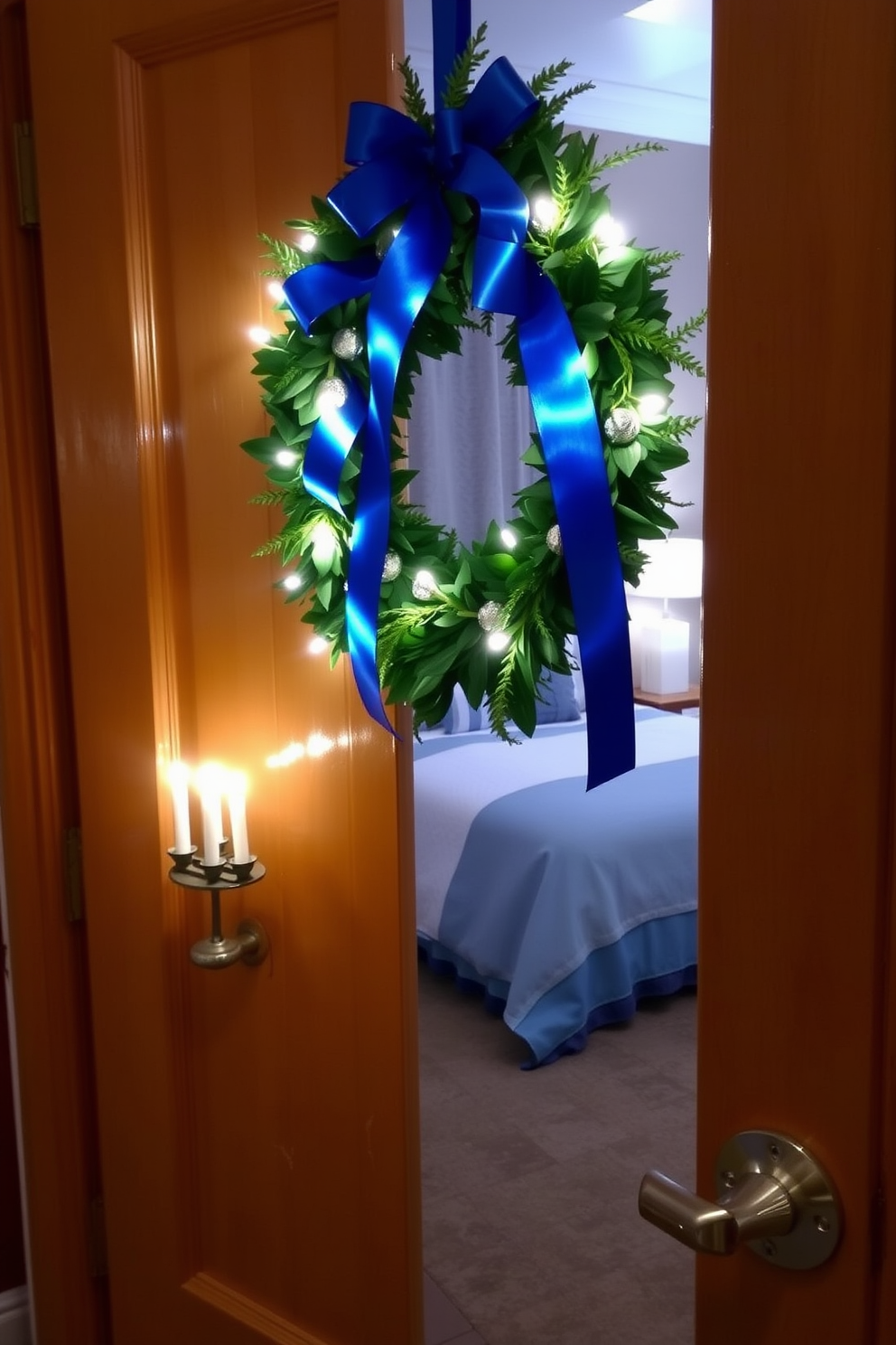 A beautiful Hanukkah wreath adorns the bedroom door, made of fresh greens and blue ribbons. The wreath features silver accents and is illuminated with small white lights for a festive touch. Inside the bedroom, the decor is inspired by Hanukkah traditions. Soft blue and white bedding complements the warm glow of a menorah placed on the nightstand, creating a cozy and inviting atmosphere.