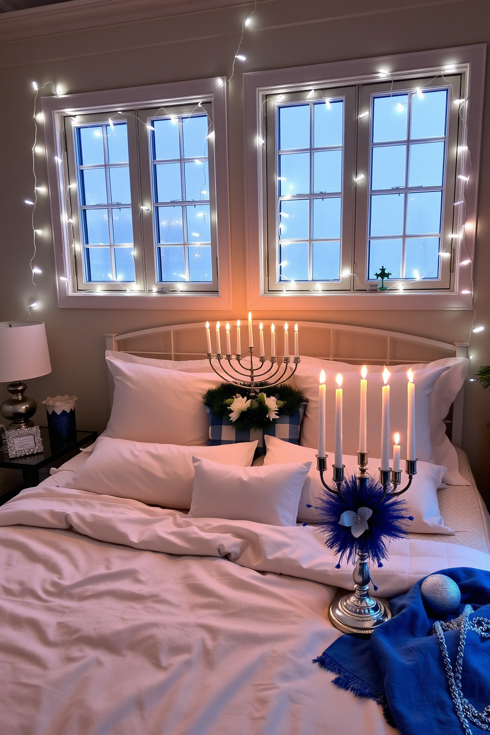 A cozy bedroom adorned with soft white lights delicately framing the windows. The space features a plush bed with luxurious linens, complemented by festive Hanukkah decorations that include a beautifully arranged menorah and blue and silver accents throughout the room.