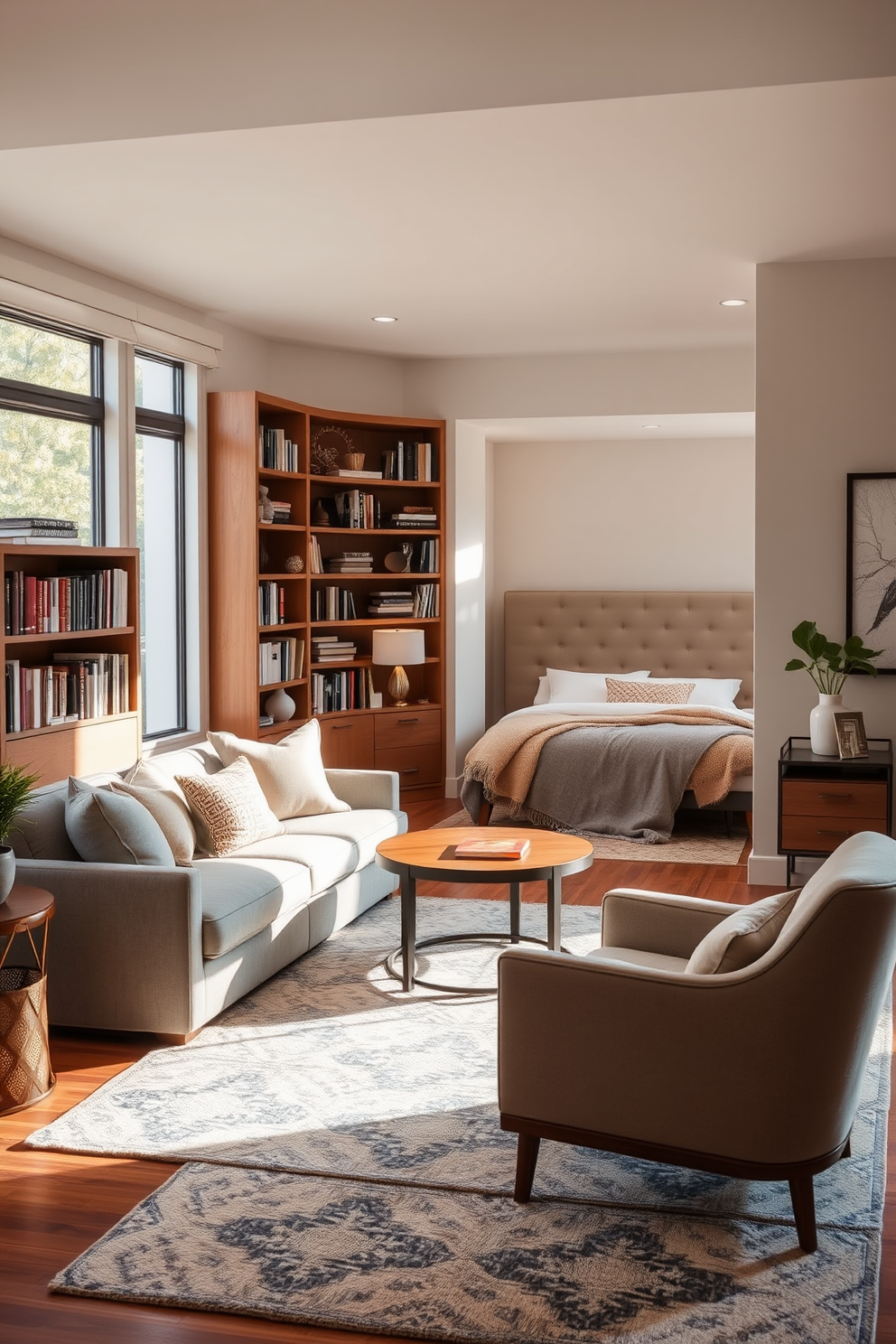 Cozy nook featuring a plush corner sofa in soft gray upholstery complemented by a round wooden coffee table. A built-in bookshelf filled with books and decorative items lines the wall, creating a warm and inviting atmosphere. The bedroom area includes a queen-sized bed with a tufted headboard dressed in layered bedding in neutral tones. A bedside table with a sleek lamp and a small potted plant adds a touch of greenery and warmth to the space. In the living room section, a stylish armchair and a soft area rug create a comfortable space for relaxation. Large windows allow natural light to flood the area, enhancing the cozy ambiance and making it perfect for reading or enjoying a cup of coffee.