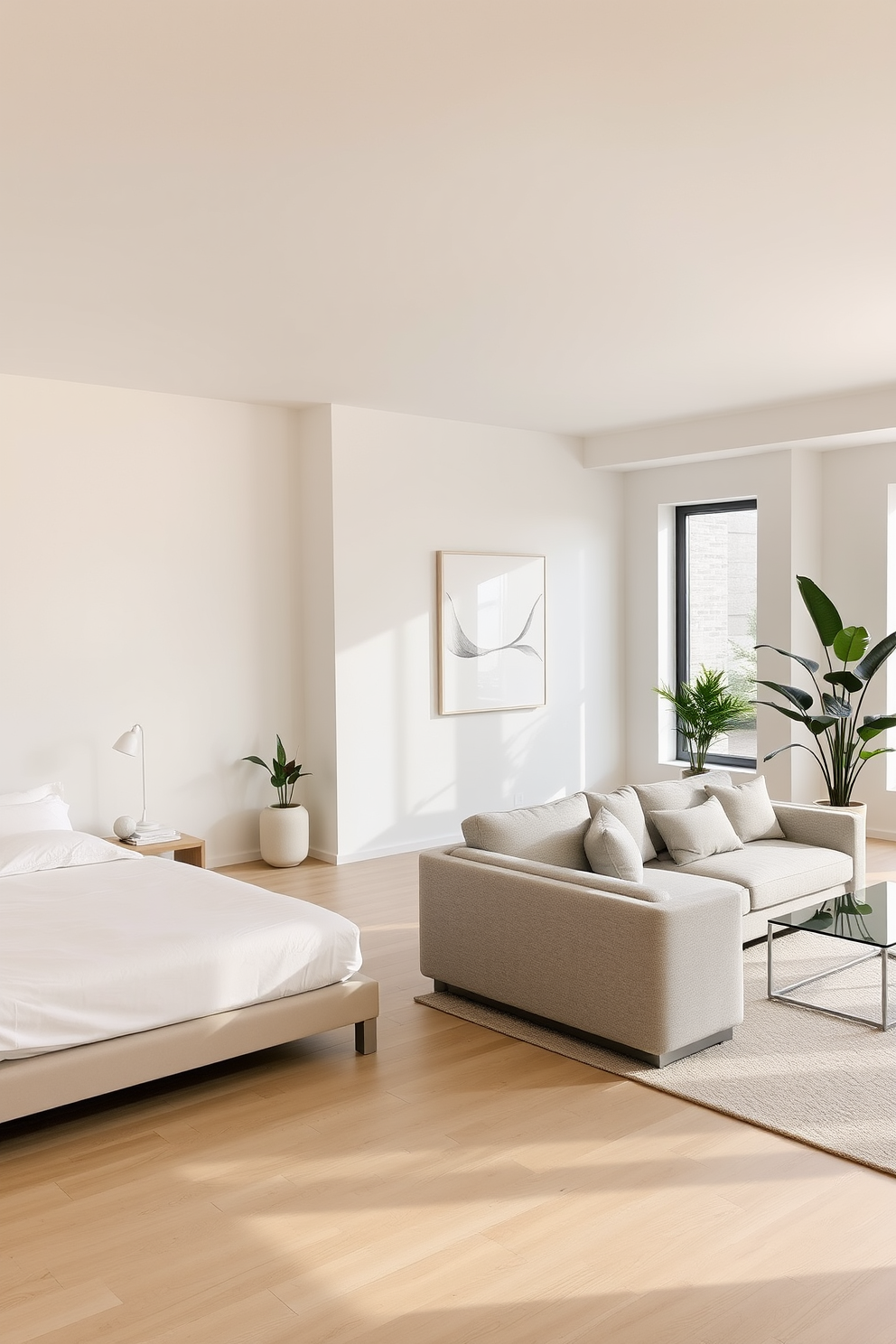 A serene bedroom living room combo featuring minimalist decor. The space showcases a neutral color palette with soft beige walls and light wood flooring. In the bedroom area, a low-profile platform bed with crisp white linens is positioned against a wall. Adjacent to the bed, a sleek nightstand holds a small lamp and a few decorative books. The living room area features a simple sectional sofa in a light gray fabric, complemented by a glass coffee table. A minimalist artwork hangs above the sofa, adding a touch of elegance without overwhelming the space. Natural light floods the room through large windows, enhancing the airy feel. Potted plants in the corners bring a hint of greenery, promoting a calming atmosphere.