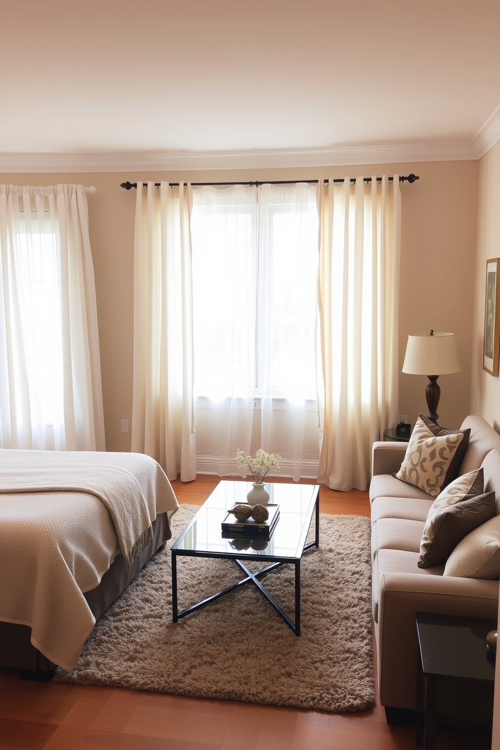 A cozy bedroom living room combo features soft curtains that gently frame the windows, allowing natural light to filter through. The walls are painted in a warm neutral tone, and plush furnishings create an inviting space for relaxation and comfort. A comfortable sofa is positioned to face a stylish coffee table, while a plush area rug anchors the seating area. Decorative pillows in complementary colors add a touch of warmth, and a few carefully selected artwork pieces adorn the walls to enhance the overall ambiance.