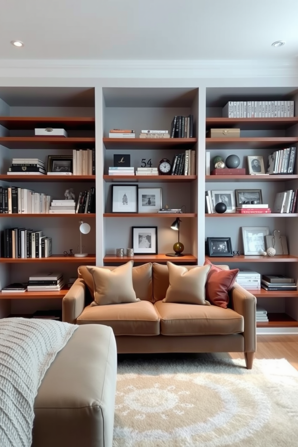 Open shelving in a bedroom living room combo creates a functional yet stylish space. The shelves are filled with neatly arranged books, decorative boxes, and personal mementos, providing easy access to essentials. The design features a cozy seating area with a plush sofa facing the open shelves. A soft area rug anchors the space, while ambient lighting highlights the curated items on display.