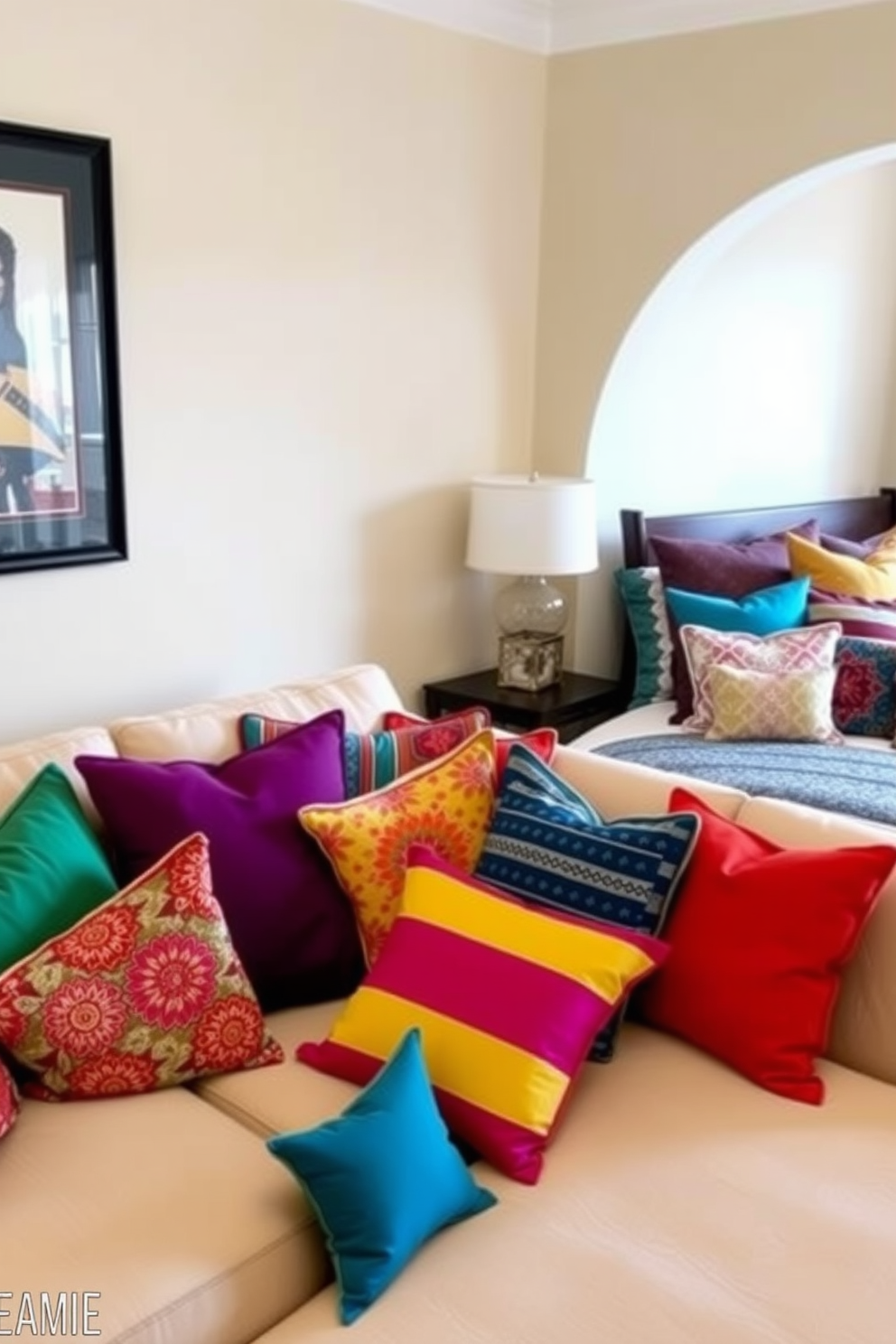 Colorful throw pillows in various shapes and sizes are scattered across a plush sectional sofa in the living room area. The pillows feature a mix of vibrant patterns and textures, adding warmth and personality to the space. In the bedroom corner, a cozy bed is adorned with a collection of coordinating throw pillows that enhance the overall color scheme. The combination of soft fabrics and bold colors creates an inviting atmosphere perfect for relaxation.