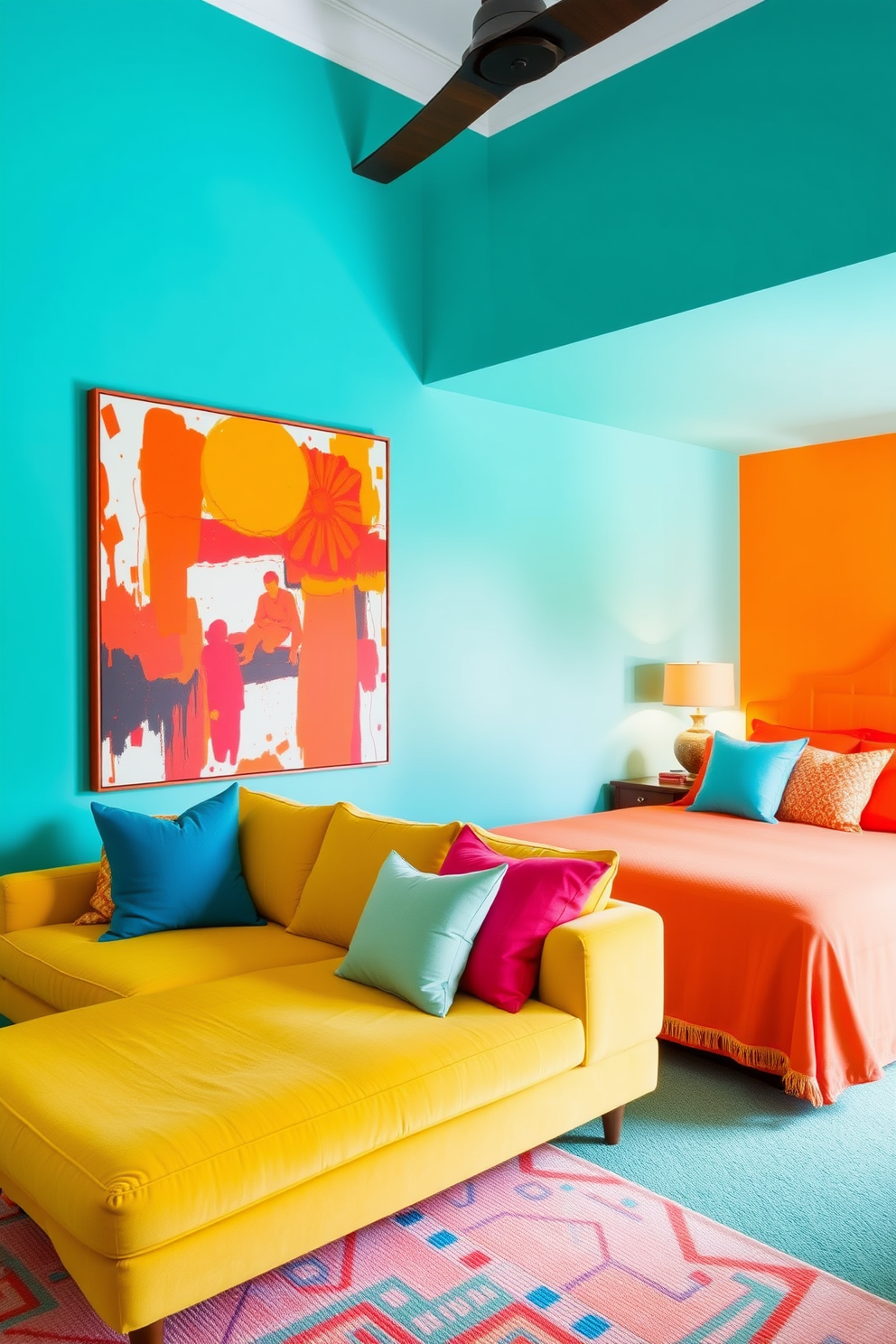 Bright colors for an energizing vibe in a bedroom living room combo. The walls are painted in a vibrant turquoise, complemented by a plush yellow sofa and colorful throw pillows scattered across the seating area. A large abstract painting with bold reds and oranges hangs above the sofa, creating a focal point in the room. The bedroom area features a bright orange bedspread with matching bedside lamps that add warmth and energy to the space.