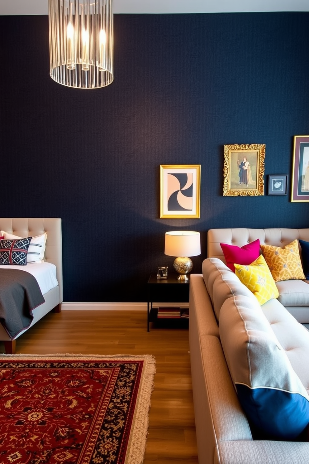 A striking accent wall serves as the focal point in a stylish bedroom and living room combo. The wall is adorned with textured wallpaper in a deep navy blue, creating a dramatic contrast against the light-colored furnishings. In the bedroom area, a plush bed with a tufted headboard is positioned against the accent wall, complemented by soft bedding in coordinating tones. The living room space features a cozy sectional sofa that invites relaxation, with colorful throw pillows adding a pop of vibrancy. Decorative art pieces hang on the accent wall, enhancing the overall aesthetic and providing a personal touch. A stylish area rug defines the living space, while elegant lighting fixtures create a warm and inviting atmosphere throughout the room.