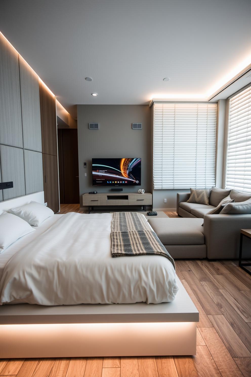 A modern bedroom living room combo featuring smart tech integration for convenience. The space includes a sleek platform bed with built-in charging stations and ambient lighting controlled by a smartphone app. In the living area, a stylish sectional sofa faces a wall-mounted smart TV, with automated blinds that adjust with voice commands. The overall color palette is a calming blend of soft grays and warm earth tones, creating a cozy yet high-tech atmosphere.