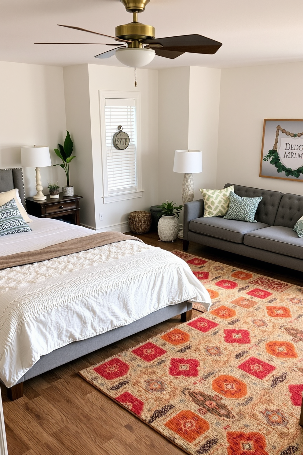 Create a cozy bedroom and living room combo with distinct zones defined by area rugs. The bedroom features a plush, oversized rug in soft neutral tones under the bed, while the living room showcases a vibrant patterned rug that adds a pop of color to the seating area.