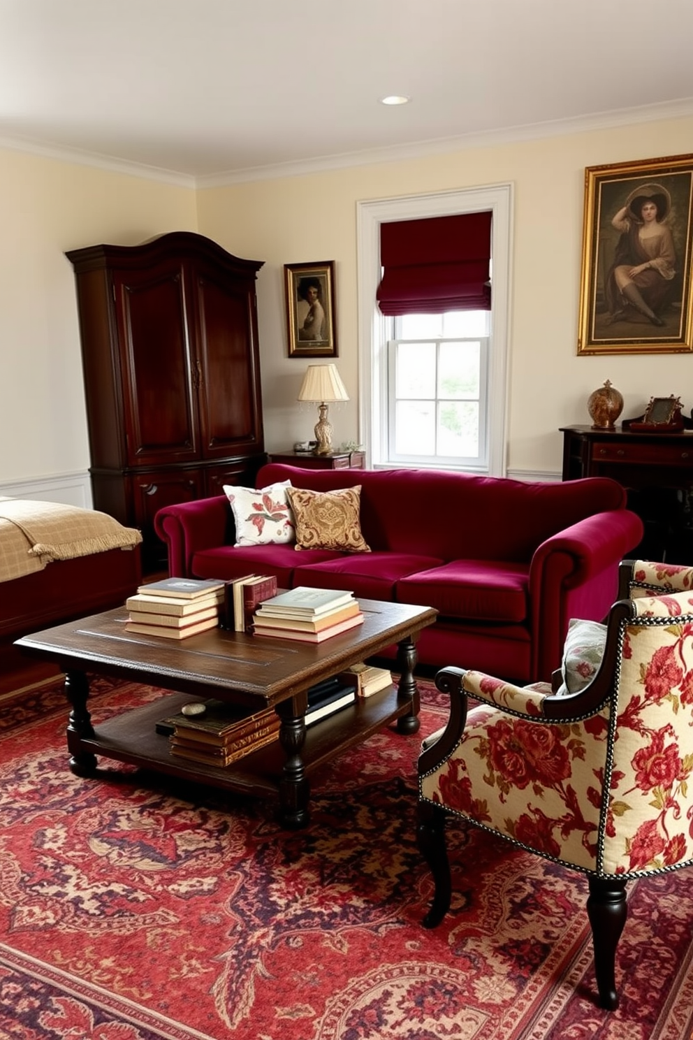 A cozy bedroom living room combo filled with vintage furniture that exudes character. A plush velvet sofa in deep burgundy sits across from a weathered wooden coffee table adorned with a collection of antique books. To the side, a vintage armchair with floral upholstery complements the space, inviting relaxation. The walls are painted in a soft cream color, and a large area rug with intricate patterns anchors the seating area, adding warmth and texture.