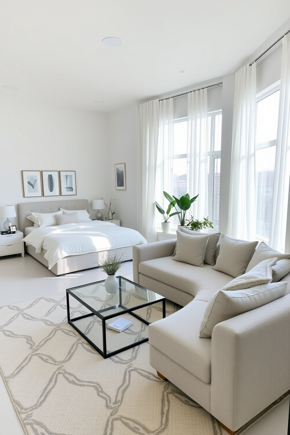 A serene bedroom and living room combo featuring a light color palette. The walls are painted in soft white, creating an airy atmosphere that seamlessly connects the two spaces. In the bedroom area, a plush king-sized bed is adorned with pastel-colored linens and fluffy pillows. Adjacent to the bed, a sleek nightstand holds a small lamp and a decorative book. The living room area showcases a comfortable sectional sofa in light gray, paired with a glass coffee table. A large area rug with subtle patterns anchors the seating arrangement, while large windows allow natural light to flood the space. Decorative elements include a few potted plants and abstract artwork that add character without overwhelming the light aesthetic. Soft curtains in a sheer fabric gently frame the windows, enhancing the overall brightness of the room.