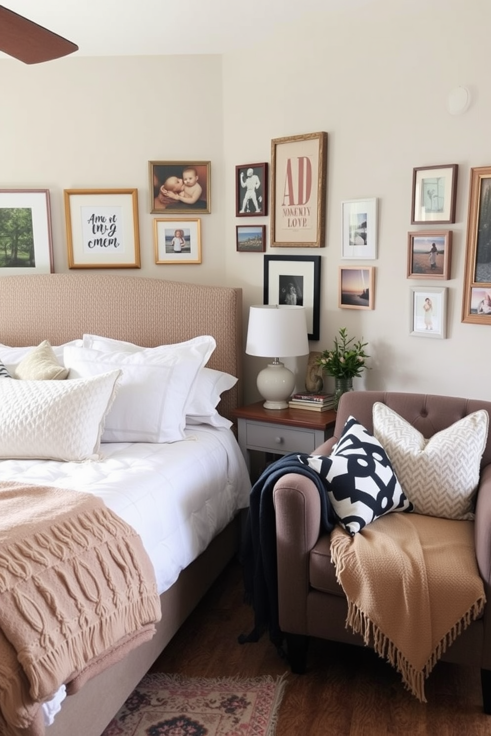 A cozy bedroom and living room combo designed for relaxation and style. The space features a plush bed with a textured headboard and layered bedding, complemented by a stylish armchair in the corner. Personalized decor adds unique touches throughout the area. Art pieces and photographs are displayed on the walls, while a mix of decorative cushions and throws enhances the inviting atmosphere.