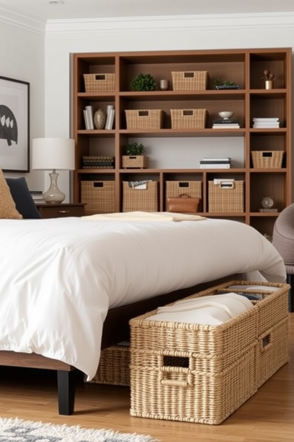 Stylish storage bins in a modern bedroom and living room combo create a seamless blend of functionality and aesthetics. The bins are made of natural woven materials, providing texture and warmth, while complementing the room's color palette. In the bedroom, the bins are neatly placed under the bed, offering hidden storage for extra linens and seasonal clothing. In the living room, they are arranged on open shelves, adding a decorative element while keeping the space tidy and organized.