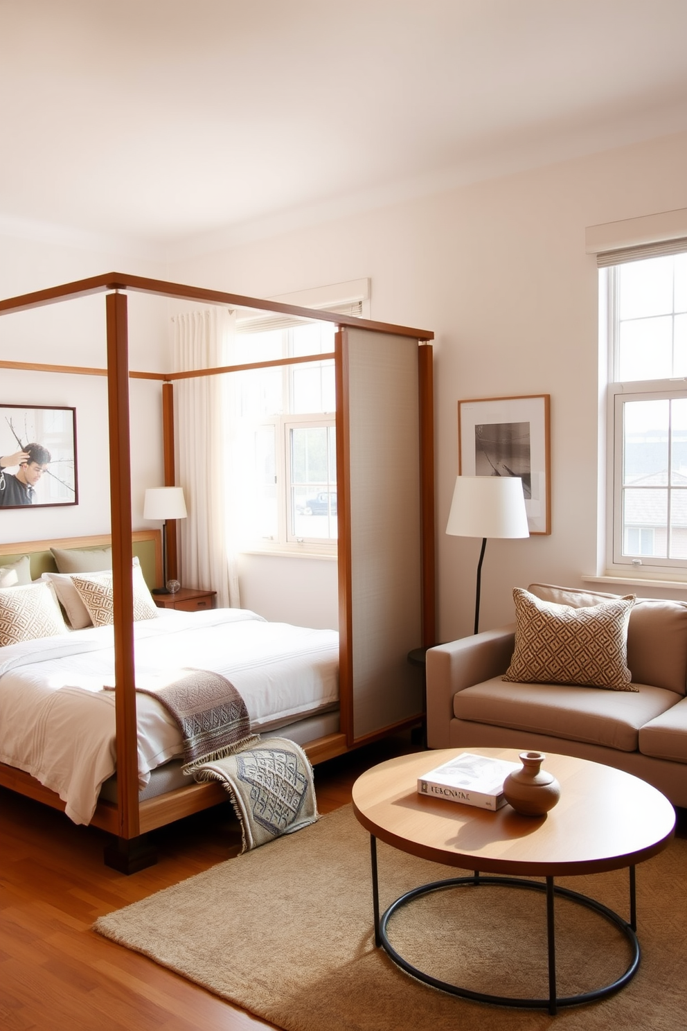 A cozy bedroom and living room combo featuring a stylish room divider for privacy. The divider is a modern design made of wood and fabric, separating the sleeping area from the lounge space. The bedroom area includes a plush bed with soft linens and decorative pillows, while the living room features a comfortable sofa and a chic coffee table. Natural light floods the space through large windows, enhancing the warm color palette throughout the room.