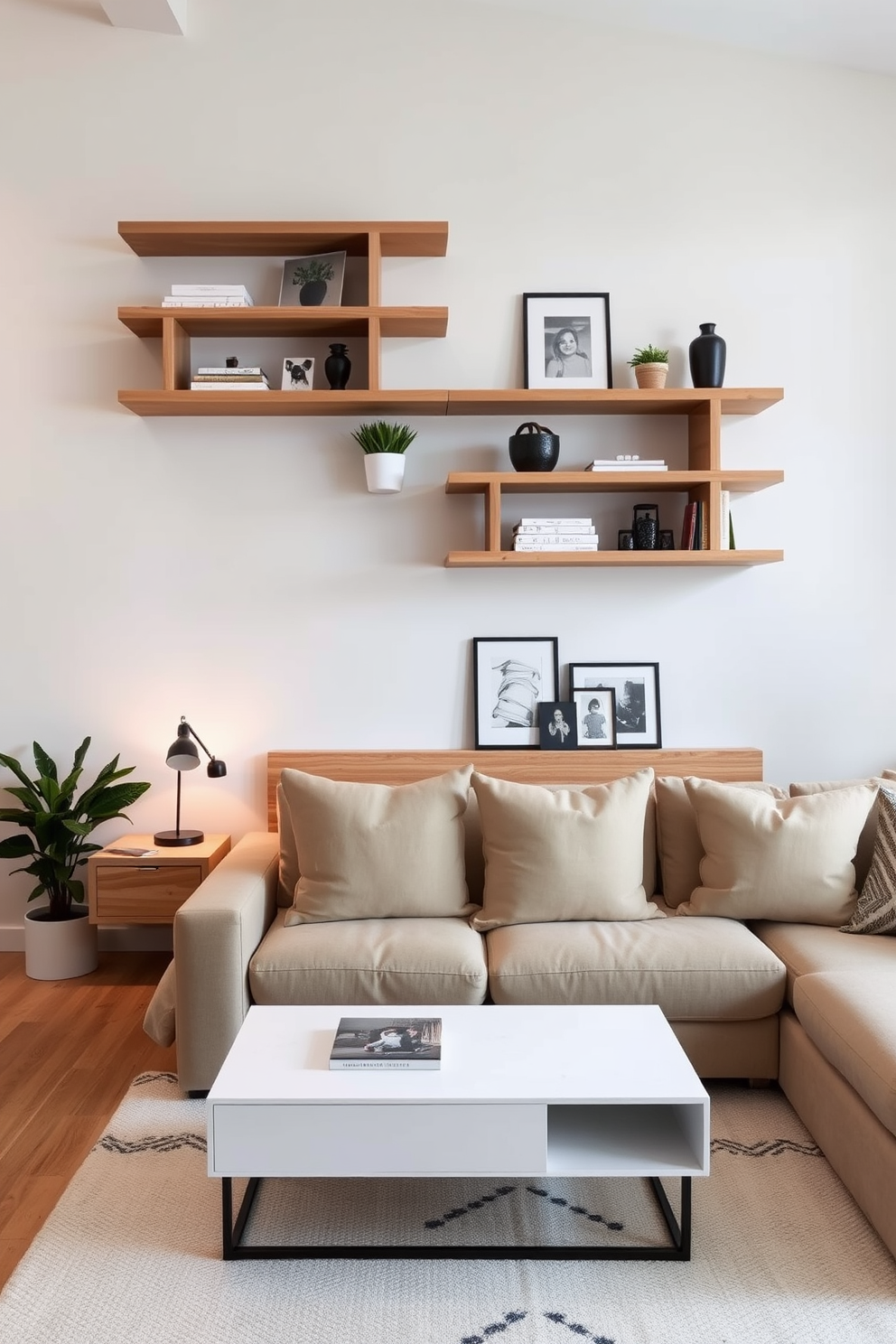 Floating shelves create a modern and functional storage solution in a stylish bedroom living room combo. The shelves are made of natural wood and are arranged asymmetrically on the wall, showcasing decorative items, books, and plants for a personalized touch. In the bedroom area, a cozy bed with plush bedding sits beneath the shelves, complemented by bedside lamps that provide warm lighting. The living room section features a comfortable sofa facing a sleek coffee table, with the floating shelves acting as a backdrop for art pieces and family photos.