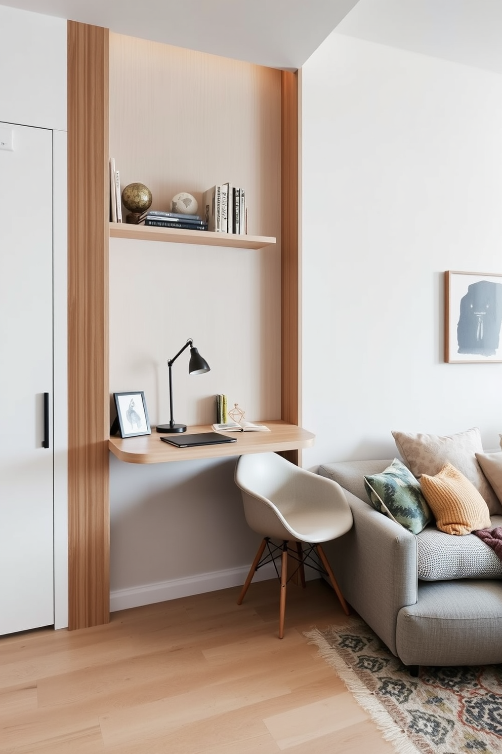 A wall-mounted desk is elegantly integrated into the workspace, featuring a sleek design with a light wood finish. Above the desk, floating shelves display decorative items and books, while a stylish task lamp provides focused lighting. The bedroom area is designed with a calming color palette of soft blues and whites, complemented by plush bedding and minimalist decor. A cozy reading nook is created by placing a comfortable armchair next to a small side table. In the living room, a combination of modern and vintage elements creates a unique atmosphere. A large area rug anchors the space, while a sectional sofa invites relaxation, adorned with colorful throw pillows for added comfort.