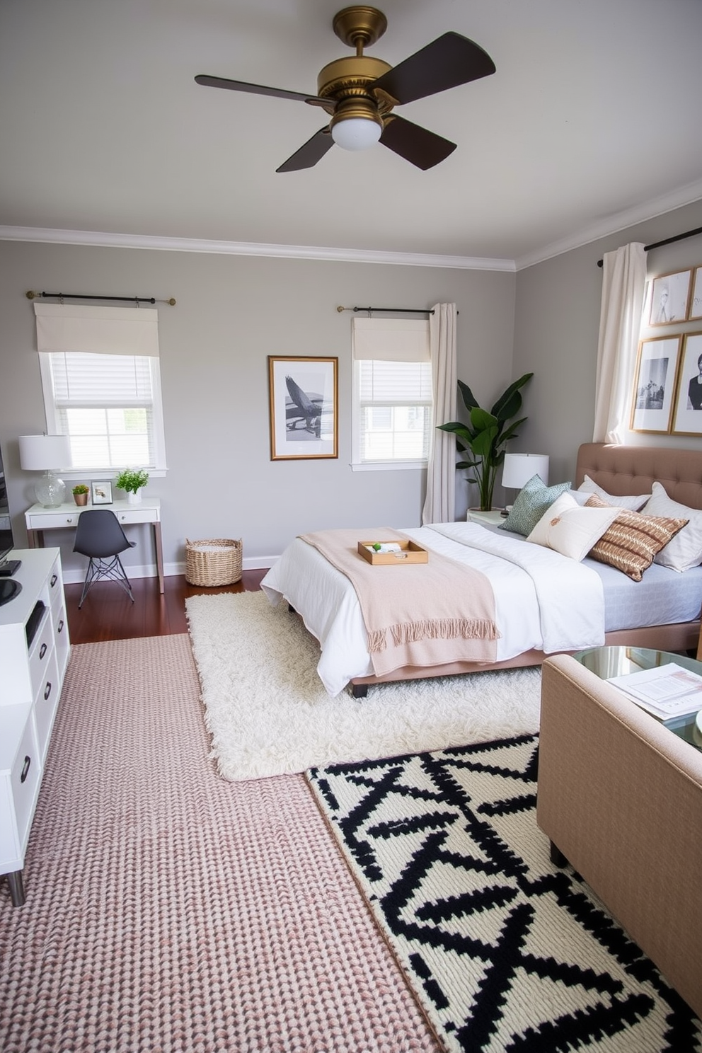 A cozy bedroom living room combo featuring textured rugs that define distinct areas. The bedroom area has a plush area rug in soft neutrals, while the living room section showcases a bold geometric pattern to create visual interest.