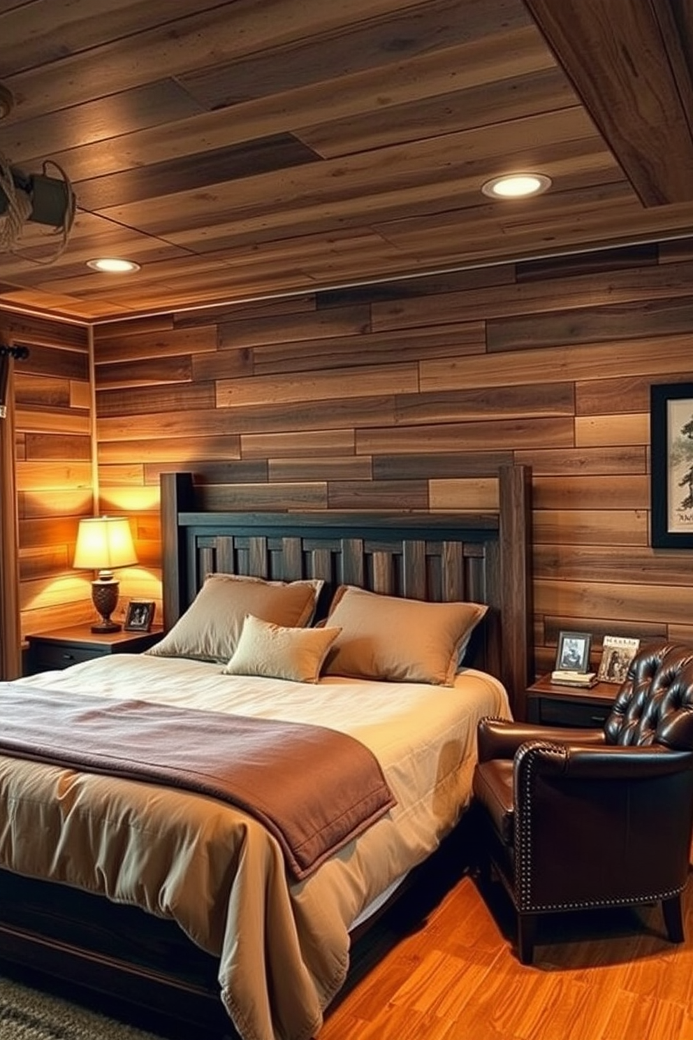 A cozy bedroom man cave featuring rustic wood accents. The walls are adorned with reclaimed wood panels, and warm lighting casts a soft glow throughout the space. A large wooden bed frame takes center stage, complemented by plush bedding in earthy tones. A vintage leather armchair sits in the corner, creating a perfect reading nook beside a small wooden side table.