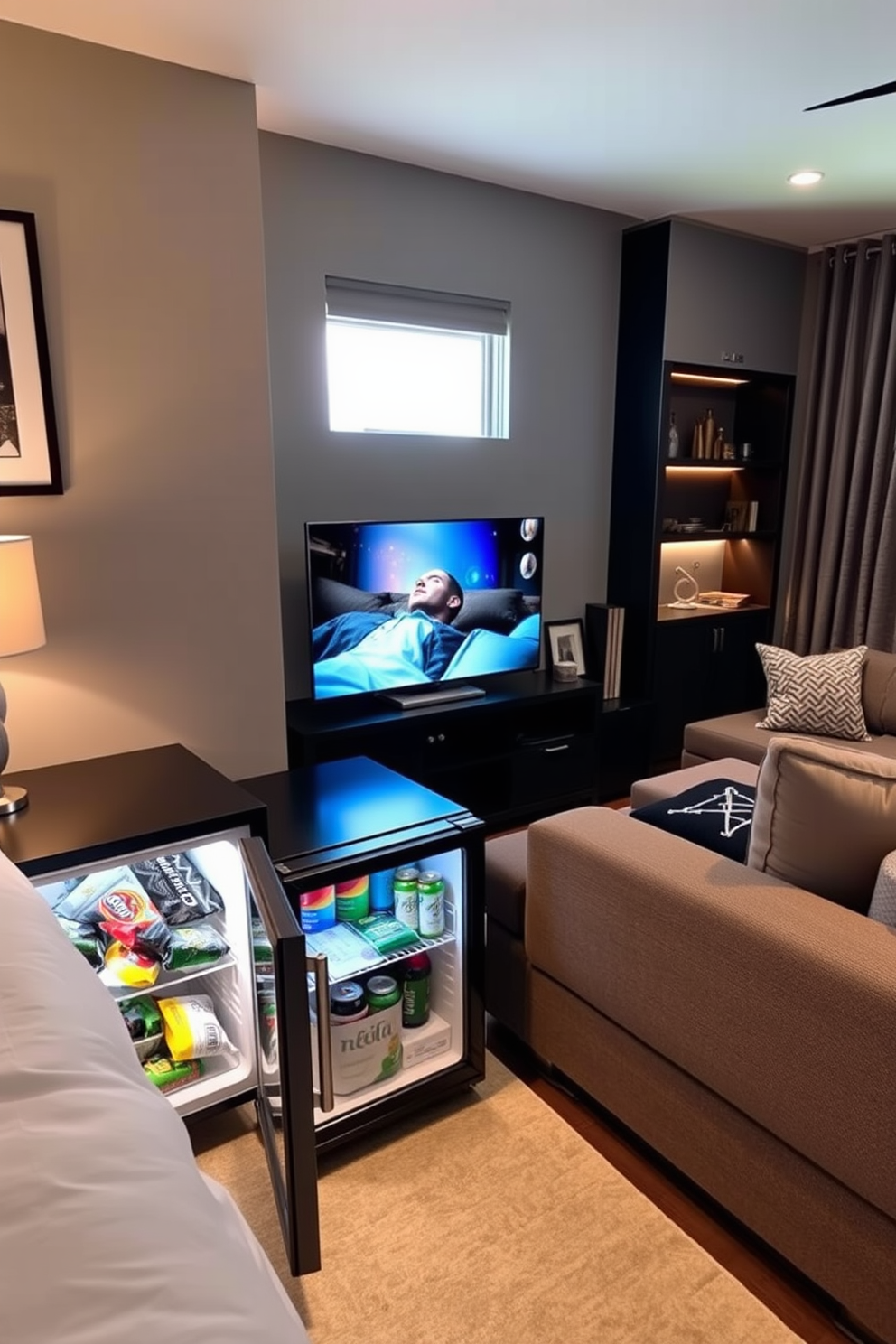 A cozy bedroom featuring a mini fridge stocked with an assortment of snacks and drinks. The fridge is placed next to a stylish nightstand, complementing the overall aesthetic of the room. A contemporary man cave designed for relaxation and entertainment. It includes a plush sectional sofa facing a large flat-screen TV, with a mini fridge conveniently located nearby for easy access to refreshments.