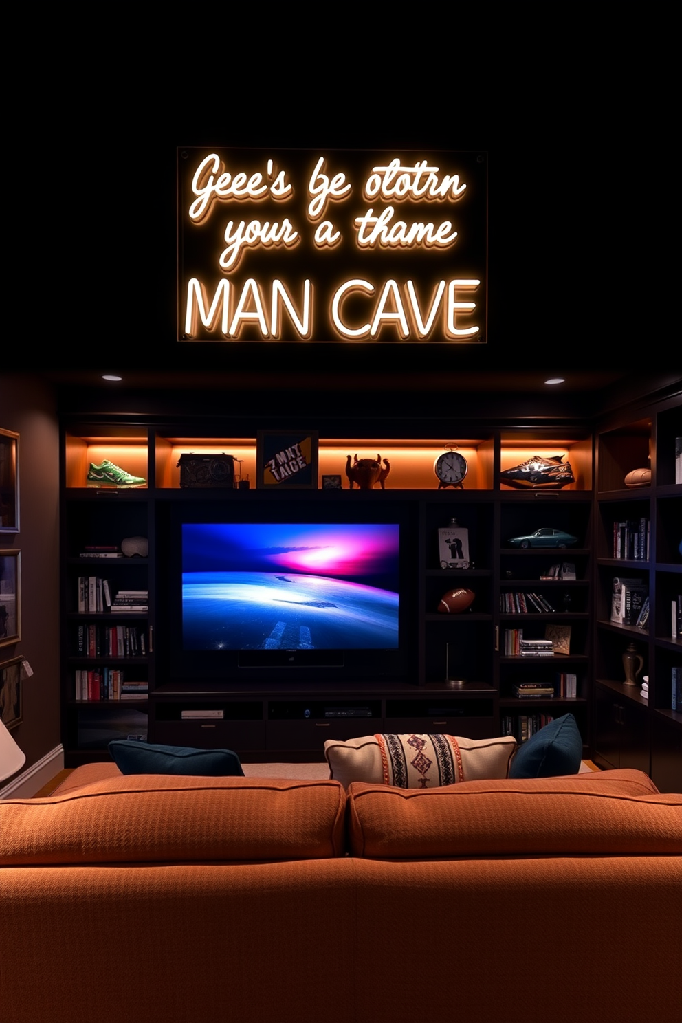 A personalized neon sign illuminates the room with a soft glow, featuring a custom phrase that reflects the owner's personality. The sign is mounted above a stylish headboard, creating a focal point in the space. The bedroom man cave design incorporates deep, rich colors and comfortable furnishings for a cozy atmosphere. A plush sectional sofa faces a large screen TV, surrounded by shelves filled with books and memorabilia.