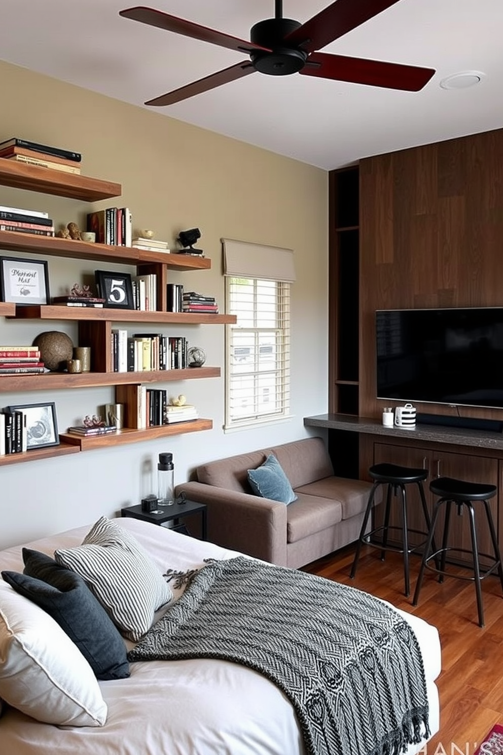 A cozy bedroom featuring wall-mounted shelves filled with books and decorative items. The shelves are made of reclaimed wood and are arranged in a staggered pattern, adding visual interest to the walls. A stylish man cave designed for relaxation and entertainment. The space includes a plush sectional sofa, a large flat-screen TV mounted on the wall, and a bar area with high stools, creating the perfect atmosphere for gatherings.