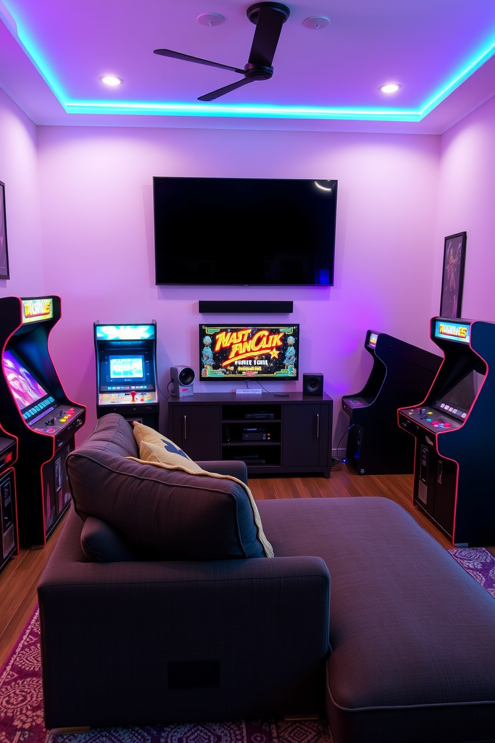 Classic arcade games for entertainment. The room features vintage arcade cabinets lined against the walls, with colorful neon lights illuminating the space. Bedroom Man Cave Design Ideas. The bedroom is designed with a cozy lounge area, complete with a plush sectional sofa and a large flat-screen TV mounted above a sleek media console.