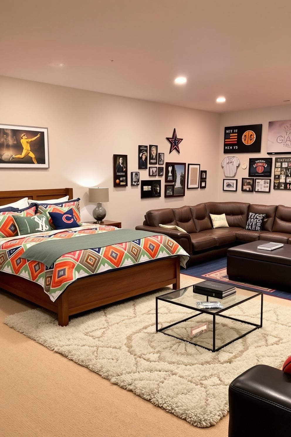 A cozy bedroom featuring comfortable bedding adorned with bold geometric patterns in vibrant colors. The walls are painted in a soft neutral tone, and a plush area rug anchors the space beneath a stylish wooden bed frame. A dedicated man cave designed for relaxation and entertainment with a large sectional sofa and a statement coffee table. The walls are decorated with sports memorabilia, and ambient lighting creates a warm and inviting atmosphere.