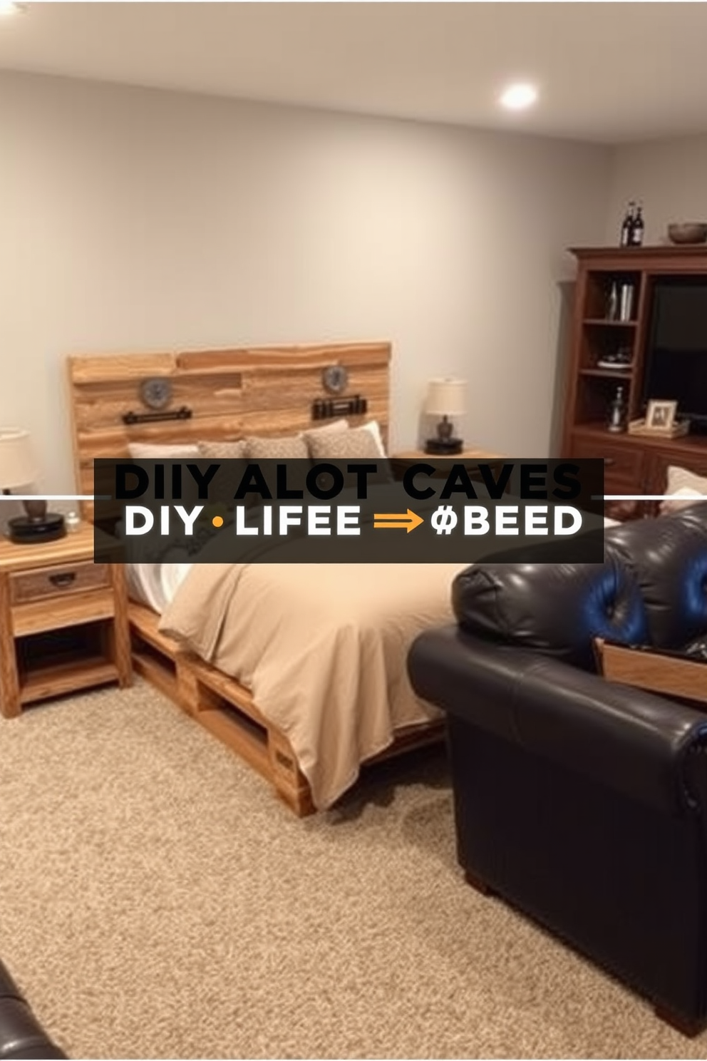 A DIY pallet wood bed frame creates a rustic vibe with its natural textures and earthy tones. The bed is adorned with cozy bedding in neutral colors, complemented by vintage-style bedside tables made from reclaimed wood. For a man cave design, incorporate leather furniture and dark wood accents to establish a masculine atmosphere. Add a large entertainment center with a flat-screen TV and surround sound, along with a mini bar stocked with favorite beverages.