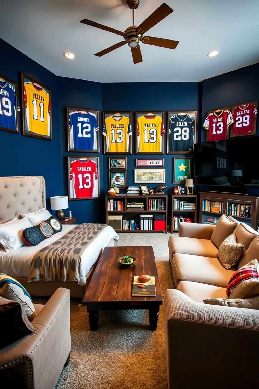 A sports memorabilia wall featuring framed jerseys from various teams. The wall is painted in a deep navy blue, providing a striking backdrop for the colorful jerseys. A cozy bedroom designed for relaxation and style. The room includes a plush king-sized bed with a tufted headboard and soft, layered bedding in neutral tones. A stylish man cave designed for entertainment and comfort. It features a large sectional sofa facing a big-screen TV, with a rustic wooden coffee table at the center and shelves filled with books and games.