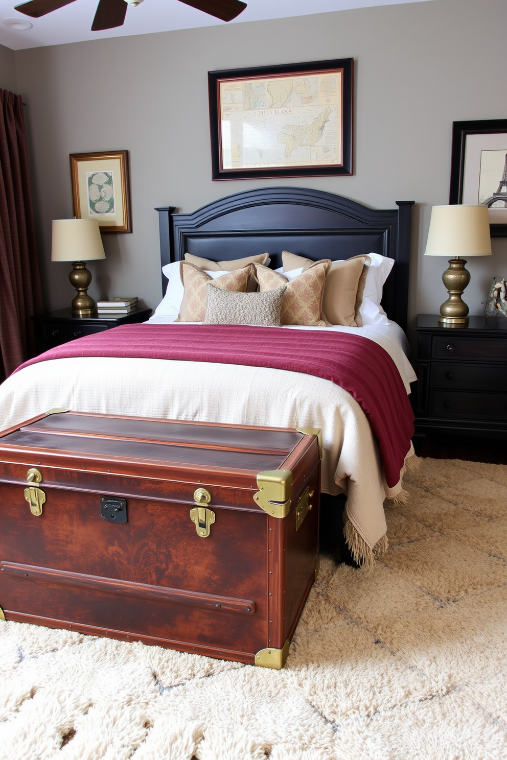 A vintage travel trunk serves as a stylish storage solution at the foot of the bed. It features weathered leather and brass accents, adding character to the room. The bedroom is designed with a cozy yet masculine aesthetic, incorporating dark wood furniture and rich textiles. A large, plush area rug anchors the space, while framed vintage maps adorn the walls.