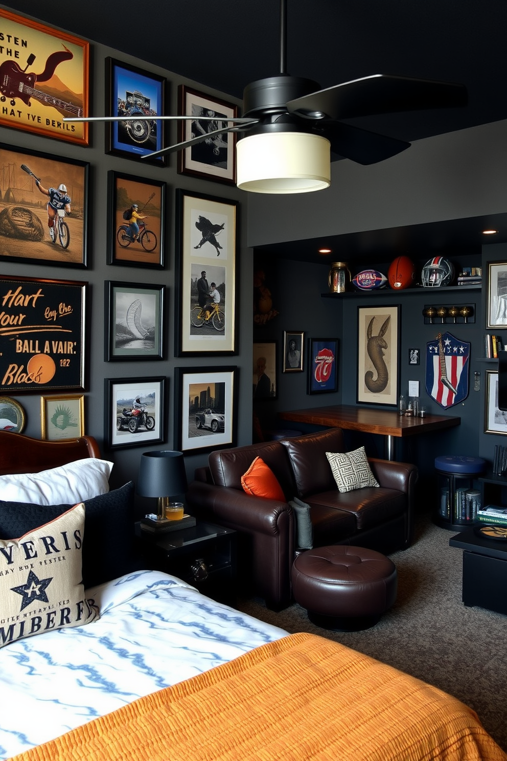 A cozy bedroom that showcases artwork reflecting favorite hobbies and interests. The walls are adorned with framed pieces that celebrate music, travel, and nature, creating a personalized atmosphere. A stylish man cave designed for relaxation and entertainment. The space features a large sectional sofa, a custom bar area, and wall-mounted displays for sports memorabilia and artwork, all in a rich color palette.