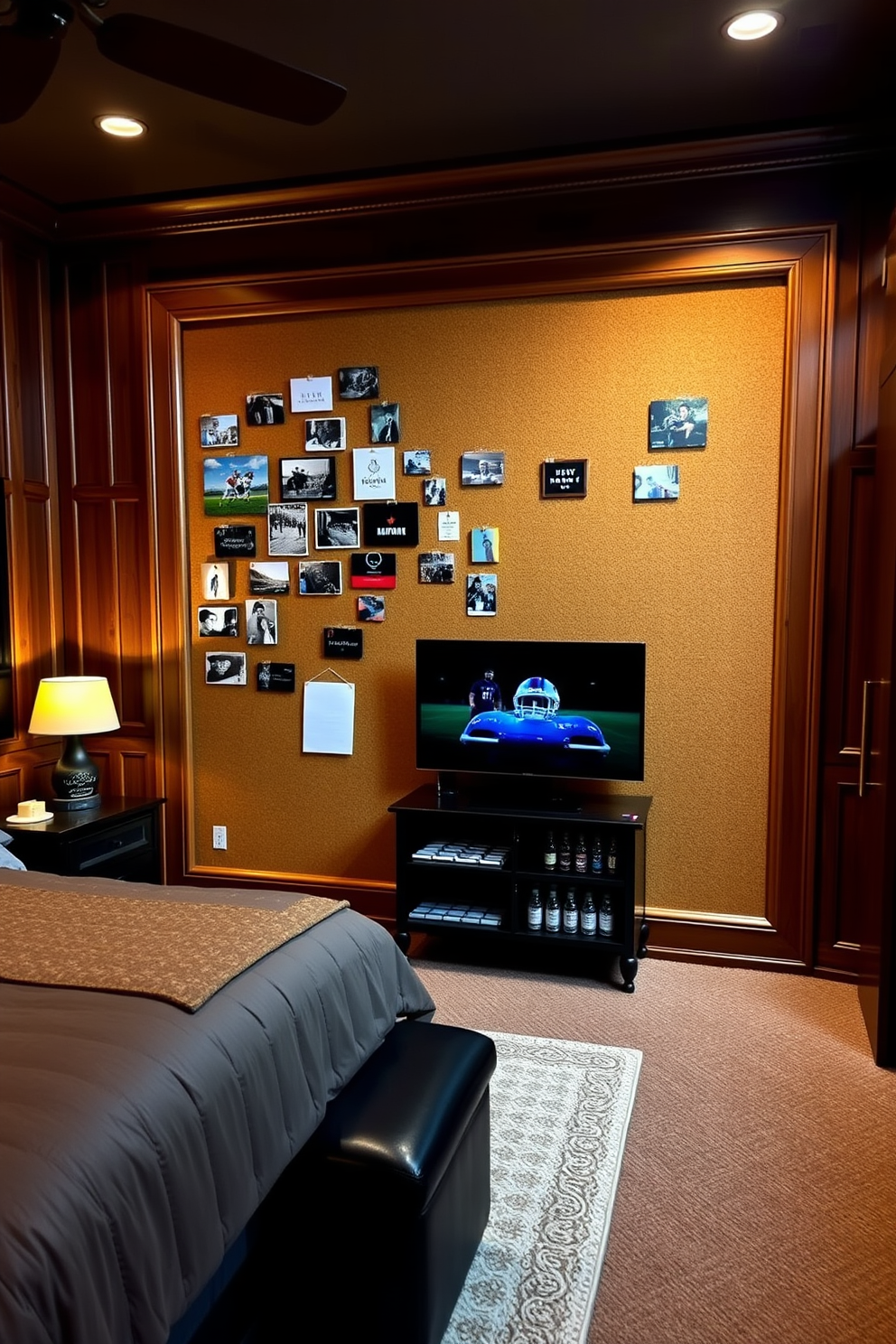 A corkboard wall is installed in a cozy bedroom, providing a unique space for displaying cherished memories and personal photos. The wall is framed with warm wood accents, creating a focal point that adds character and encourages creativity. The man cave design features a spacious layout with comfortable leather seating and a large flat-screen TV for entertainment. Dark wood paneling and ambient lighting set a relaxed atmosphere, complemented by a mini bar stocked with drinks and snacks.