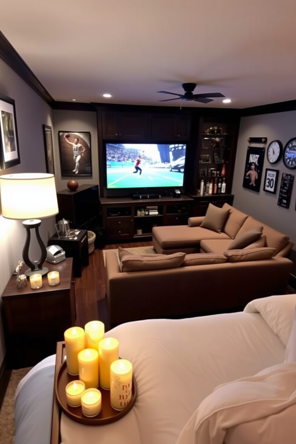 A cozy bedroom designed for relaxation features a collection of scented candles arranged on a wooden nightstand. The soft glow of the candles creates a warm ambiance, complemented by plush bedding and calming art on the walls. A stylish man cave is designed for entertainment and leisure with a large sectional sofa facing a big-screen TV. The space is accented with dark wood finishes, a mini bar stocked with beverages, and sports memorabilia adorning the walls.