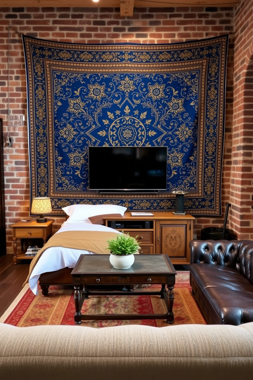 A stunning tapestry adorns the wall behind the bed, featuring intricate patterns in deep blues and golds that create a sense of warmth and luxury. The bed is dressed in crisp white linens, contrasting beautifully with the rich colors of the tapestry, while soft lighting enhances the cozy atmosphere. The man cave is designed with a rustic charm, featuring exposed brick walls and reclaimed wood accents throughout. A plush leather sofa invites relaxation, paired with a vintage coffee table and a large flat-screen TV mounted above a stylish media console.