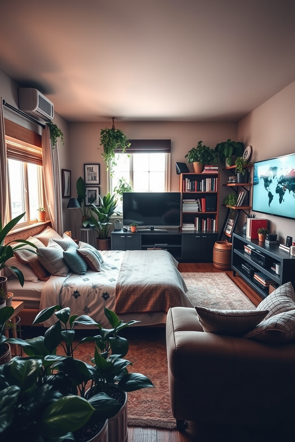 A cozy bedroom featuring potted plants that bring a touch of nature indoors. The room is adorned with soft textiles and warm lighting, creating a tranquil atmosphere. A stylish man cave designed for relaxation and entertainment. It includes a plush sectional sofa, a large screen TV, and shelves filled with sports memorabilia and books.