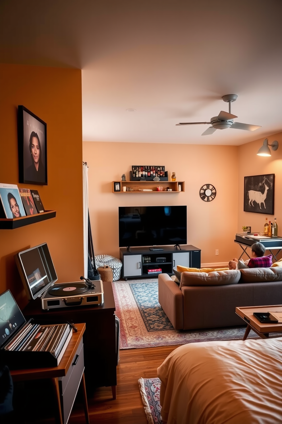 A cozy bedroom featuring a vintage record player placed on a mid-century modern side table. The walls are painted in a warm, inviting color and a collection of vinyl records is displayed on a stylish shelf nearby. A man cave designed for relaxation and entertainment, showcasing a plush sectional sofa facing a large flat-screen TV. The room is accented with industrial-style lighting and a bar cart stocked with beverages, creating the perfect atmosphere for gatherings.