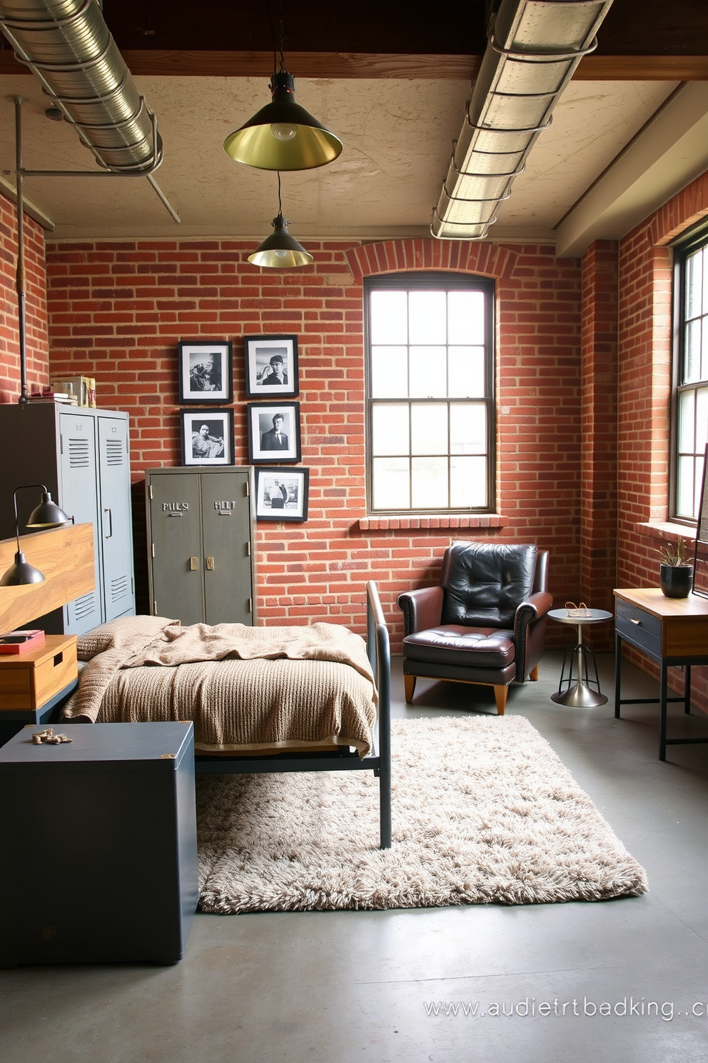 A cozy bedroom featuring industrial style metal furniture and decor. The bed has a sturdy metal frame with a distressed wood headboard, complemented by matching nightstands made of reclaimed wood and metal. The room is accented with exposed brick walls and large windows that allow natural light to flood in. A vintage metal locker serves as a unique storage solution, while a plush area rug adds warmth to the concrete floor. In one corner, a comfortable reading nook is created with an oversized leather chair and a small metal side table. Industrial-style pendant lights hang from the ceiling, providing a soft glow that enhances the room's ambiance. A gallery wall showcases black and white photographs in simple metal frames, adding a personal touch to the space. The overall design combines functionality with a rugged aesthetic, perfect for a modern man cave retreat.