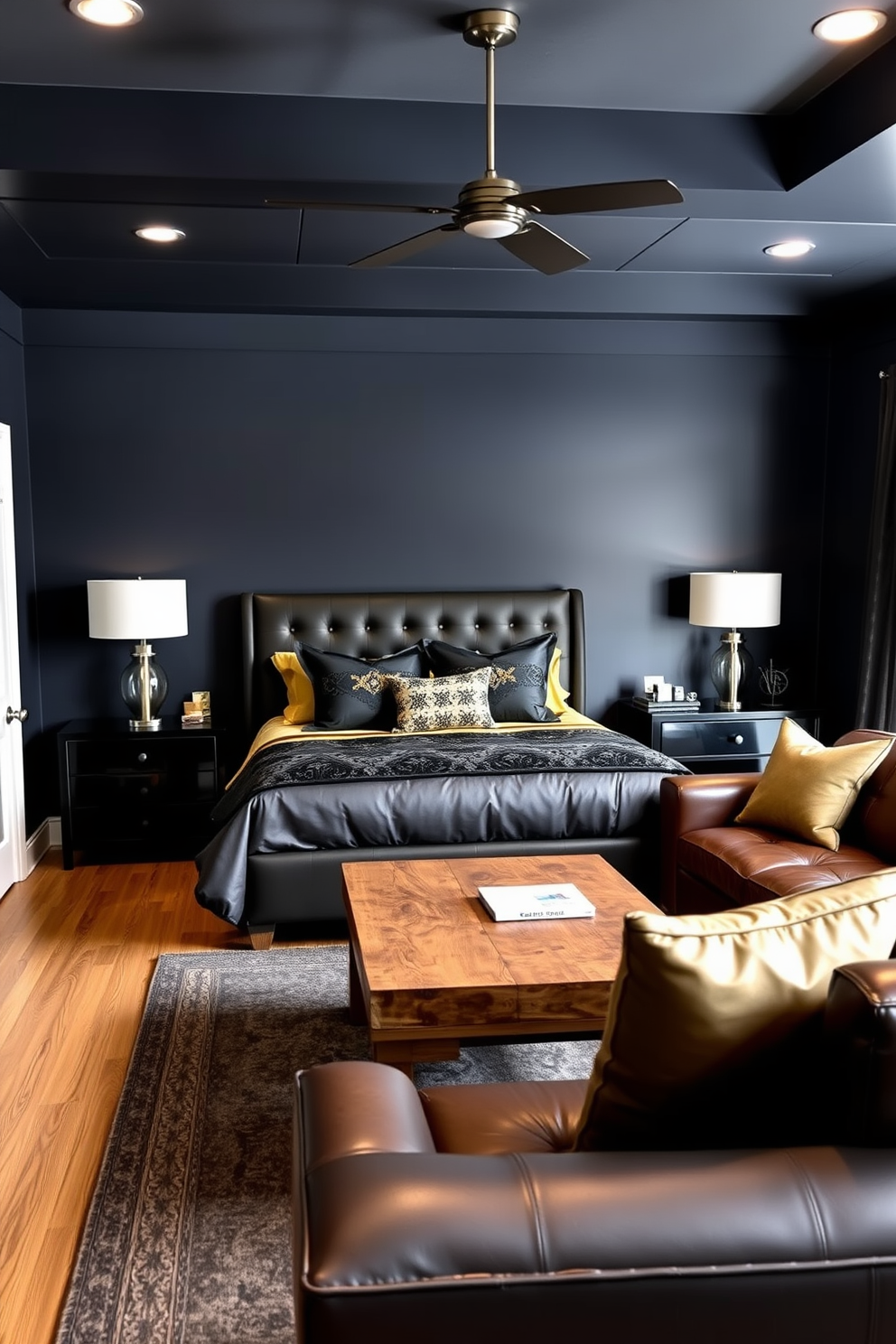 A cozy bedroom featuring dark navy blue walls that create a dramatic atmosphere. The room is furnished with a plush king-size bed dressed in luxurious black and gold bedding, complemented by sleek nightstands with modern lamps. A stylish man cave designed with deep charcoal walls for an inviting yet bold look. The space includes a comfortable leather sectional sofa, a large flat-screen TV mounted on the wall, and a rustic wooden coffee table at the center.