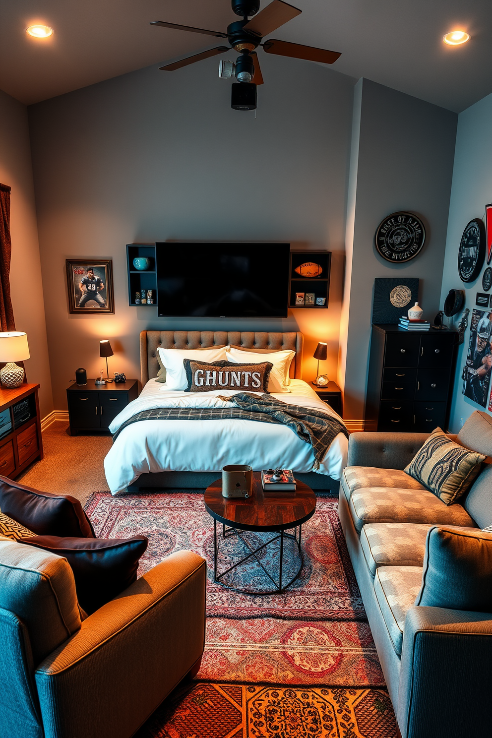 A cozy game console corner featuring plush seating options. A large flat-screen TV is mounted on the wall, with shelves for game storage and decorative items. The bedroom is designed for relaxation with a king-sized bed adorned with luxurious bedding. Soft lighting creates a warm ambiance, complemented by stylish nightstands on either side. The man cave is a stylish retreat with a large sectional sofa and a coffee table. Vintage decor and sports memorabilia adorn the walls, creating a personalized atmosphere.