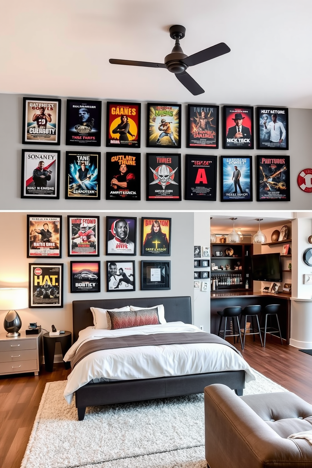 A gallery wall featuring a collection of favorite movie posters. The posters are framed in black and white frames, arranged in a visually appealing collage on a light gray wall. The bedroom is designed with a cozy and inviting atmosphere. It includes a king-sized bed with plush bedding, bedside tables with stylish lamps, and a soft area rug underfoot. The man cave is designed for relaxation and entertainment. It features a large sectional sofa facing a big screen TV, a custom bar area with high stools, and sports memorabilia adorning the walls.