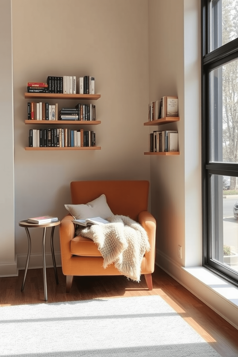 Cozy armchair positioned by a large window allowing natural light to fill the space. The armchair is upholstered in soft fabric with a warm color palette, accompanied by a small side table for books and a cup of tea. A plush throw blanket drapes over the armchair, adding comfort and texture to the nook. Shelves filled with books are mounted on the wall nearby, creating an inviting atmosphere for reading and relaxation.