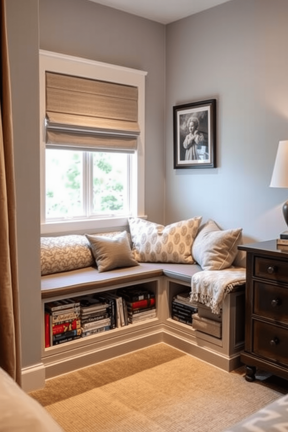 A cozy bedroom reading nook featuring a corner bench with plush cushions. Underneath the bench, there is ample storage for books and blankets, creating a warm and inviting atmosphere.