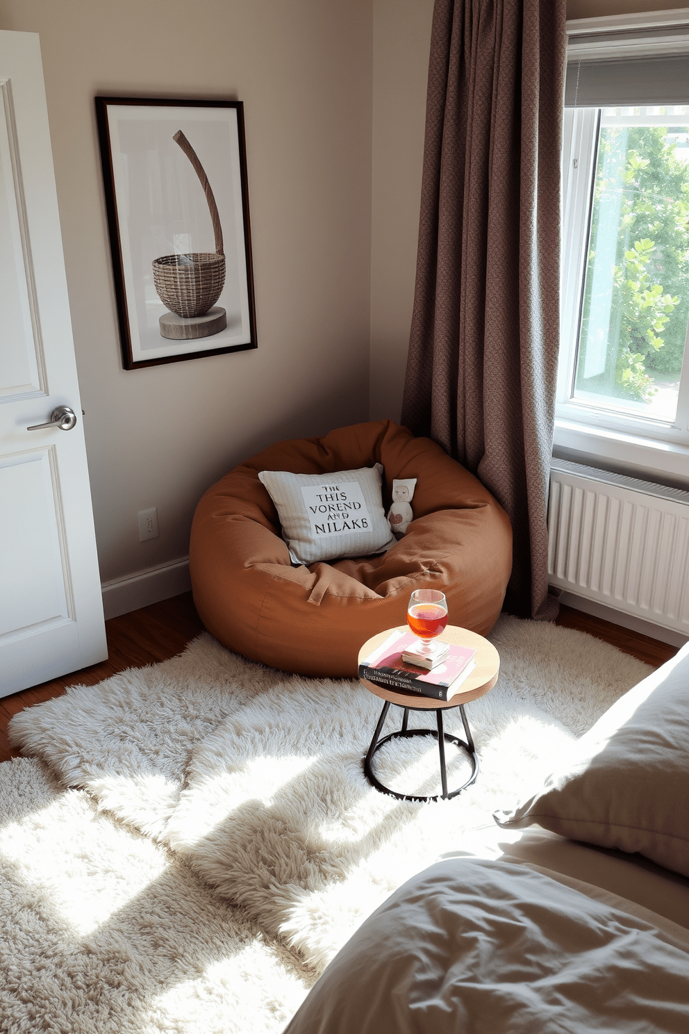 A cozy bedroom reading nook featuring a soft rug beneath a plush bean bag chair. Natural light streams in through a nearby window, illuminating a small side table with a stack of books and a steaming cup of tea.