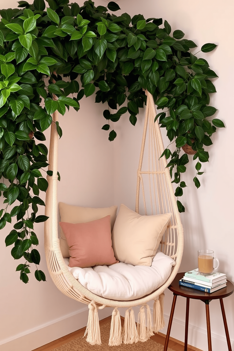 A cozy nook featuring a hanging chair suspended from the ceiling, surrounded by lush green plants that create a serene atmosphere. Soft cushions in neutral tones are placed in the chair, inviting relaxation and comfort. The walls are painted in a soft pastel color, enhancing the tranquil vibe of the space. A small side table beside the chair holds a stack of books and a warm cup of tea, perfect for a quiet reading session.